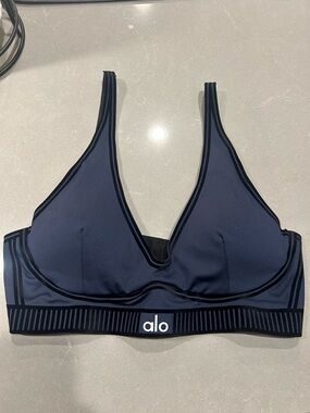 ALO Yoga Navy V-Neck Sports Bralette with Black Trim